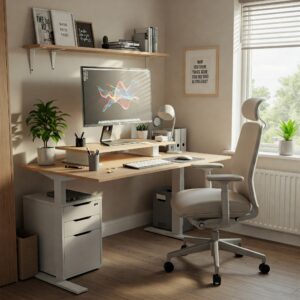 "Movement desk setup in a comfortable and productive home office environment."