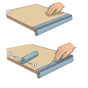 "Illustration showing the simple installation process of a desk edge protector on a tabletop."