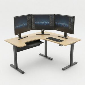 Illustration of an L-shaped 3 monitor standing desk configuration.