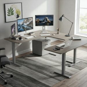 "Modern L-shaped 72 inch standing desk offering extensive surface area for multiple monitors and tasks."
