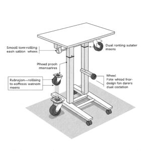 "Diagram highlighting the smooth-rolling wheels of a mobile rolling standing workstation for easy relocation."