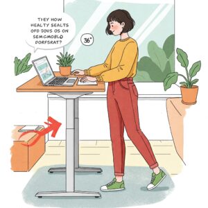 36 standing desk illustration of a person comfortably using it in a standing position, showcasing health benefits.