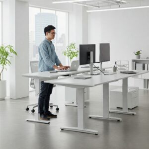 Person comfortably working at a spacious U Shaped Standing Desk in a modern office environment.