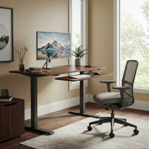 Modern pneumatic standing desk seamlessly integrated into a stylish home office environment.