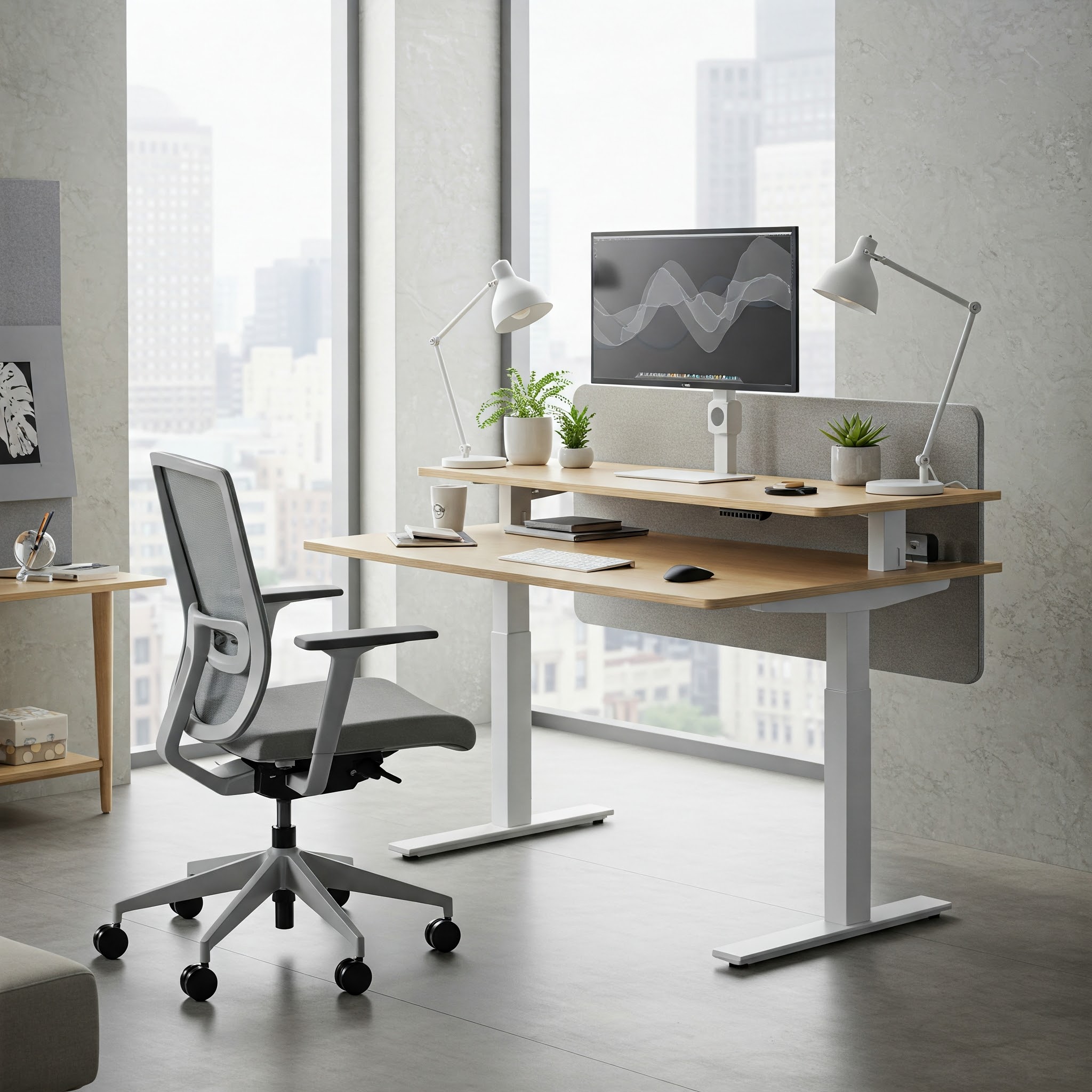 Comfortable office setup with a modern pneumatic standing desk adjusted to standing height.