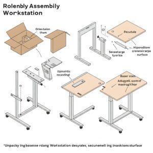 "Step-by-step illustration guide for the easy assembly of a rolling standing workstation."