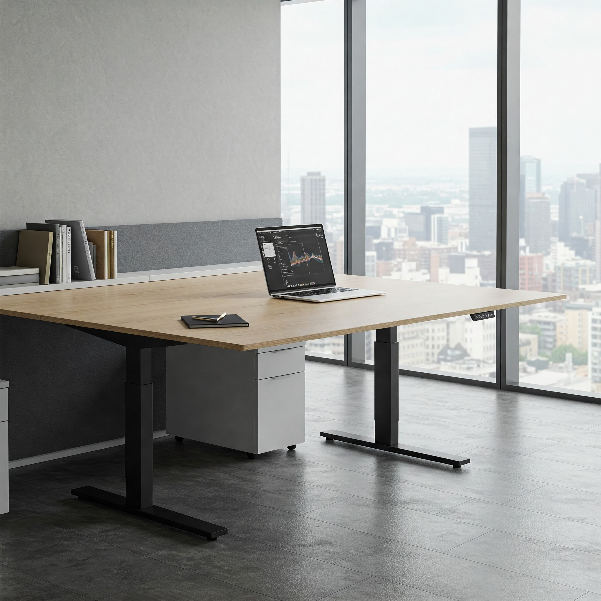 "Modern office featuring a height-adjustable rolling standing workstation with ample desk space."