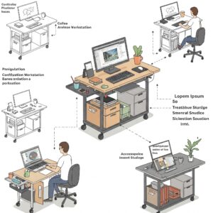 "Illustration showcasing various configurations and accessories for a versatile rolling standing workstation."