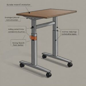 "Illustration highlighting the durable materials and construction of a stable rolling standing workstation."