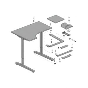 Exploded view illustration of a sit stand desk frame, showing its key components and simplified assembly process.