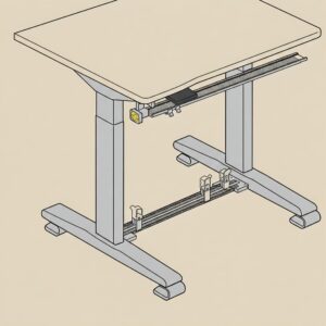 Illustration highlighting specific features of a sit stand desk frame, such as adjustable leveling feet and integrated cable management solutions.