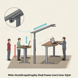 Illustration depicting the wide height adjustability of a sit stand desk frame, suitable for various user heights.