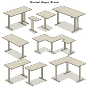 Illustration showcasing different frame shapes available for sit stand desks, including rectangular and corner (L-shaped) options.