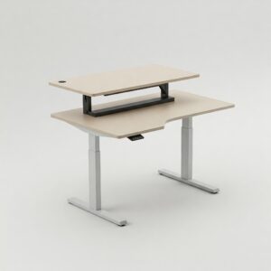 Illustration of a sit stand desk frame paired with a desktop, demonstrating its functionality as a complete ergonomic workstation.