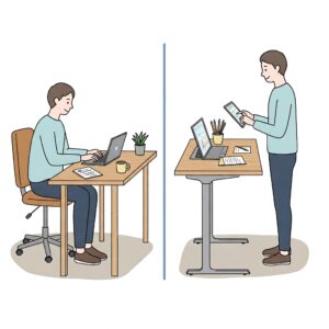Comparison illustration: working while sitting versus standing at a wood standing desks.