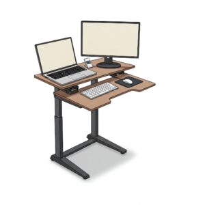 "Diagram illustrating how a corner standing desk converter fits neatly into the corner of a desk, saving valuable workspace."