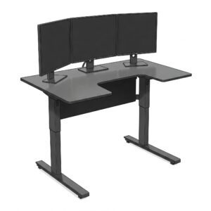 Illustration highlighting the stability and weight capacity of a 3 monitor standing desk holding multiple screens.