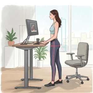 "Illustration showcasing the health and productivity benefits of a standing desk for tall person."