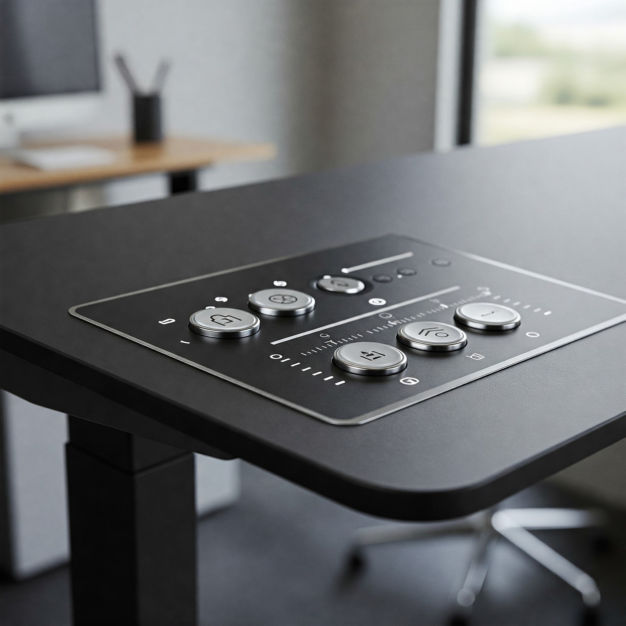 Close-up view of a modern standing desk controller with height adjustment buttons.