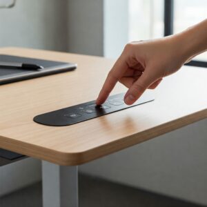Hand adjusting the height using a standing desk controller.
