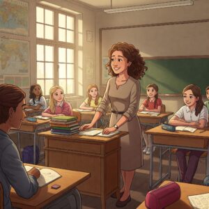 Graphic depicting a teacher at a standing teacher desk while students sit at traditional desks.