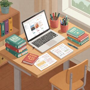 Overhead illustration of a teacher's standing teacher desk with a laptop, books, and other teaching materials.