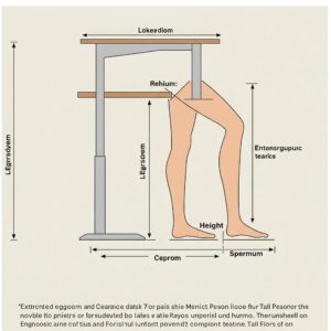 "Diagram illustrating the ample legroom and clearance under a desk for tall person."