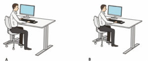 "Illustration of a complete office setup for a tall person, including an appropriately sized desk for tall person and ergonomic chair."