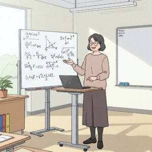 Illustration of a teacher using a standing teacher desk while teaching near a whiteboard.