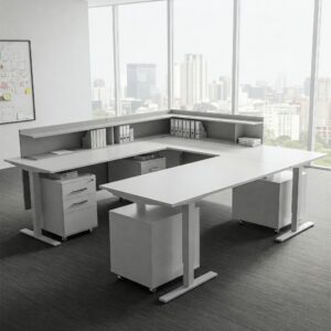 U Shaped Standing Desk featuring integrated drawers and shelves for efficient office storage.