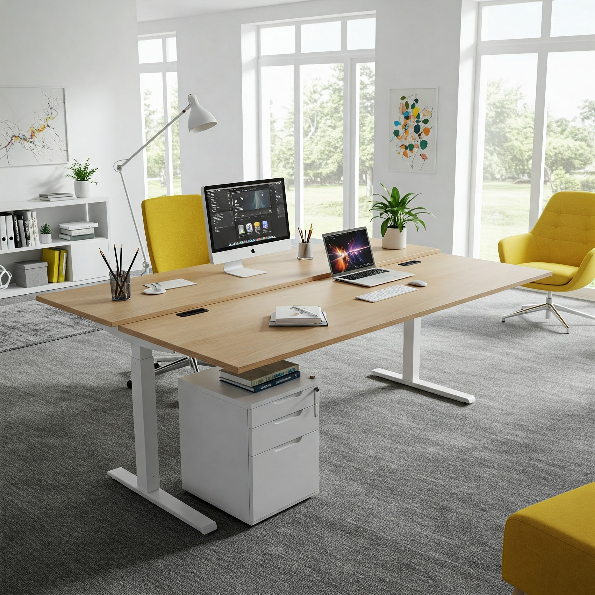Modern U Shaped Standing Desk in a bright home office, offering ergonomic workspace.