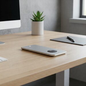 Sleek wireless standing desk controller on a modern office desk.