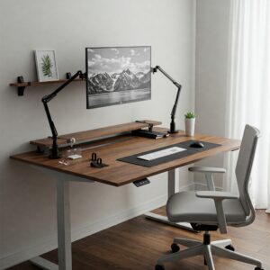 Wood standing desks setup with monitor arm and cable management solutions.