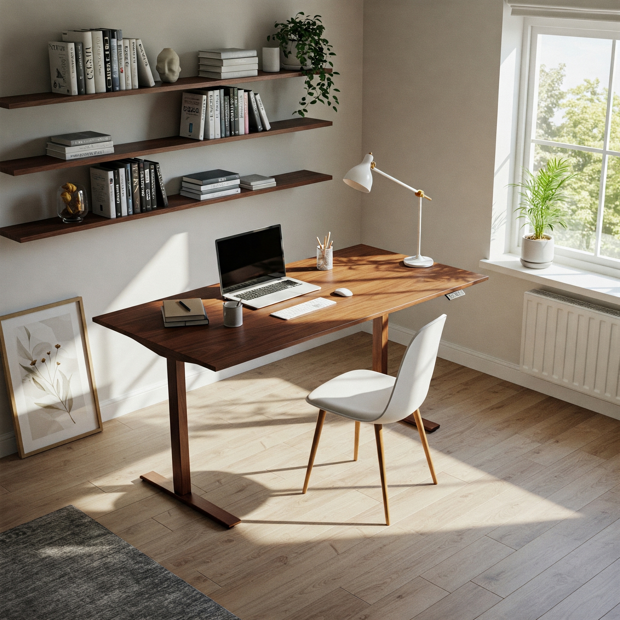 Elegant wood standing desks in a bright home office setting.