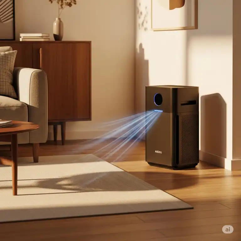 A sleek airdog air purifier running quietly in a modern living room, effectively cleaning the air for a healthier home environment.