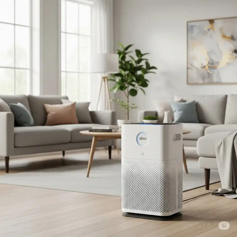 "A white Alen air purifier prominently displayed in a modern living room, highlighting its sleek design and effectiveness in a home environment for this Alen air purifier review."
