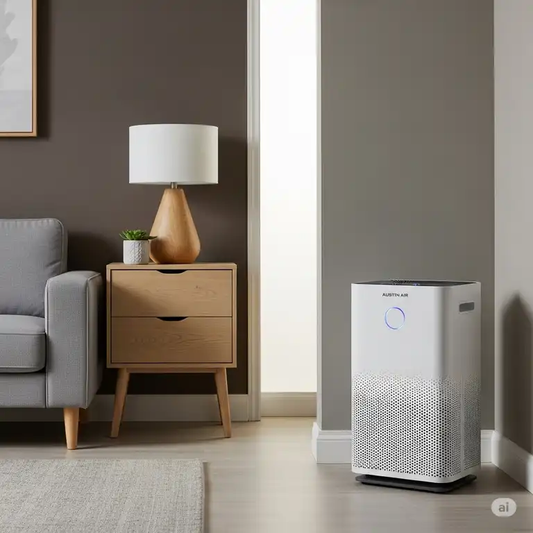 austin air purifier in a modern living room, effectively cleaning the air for a healthier home environment.