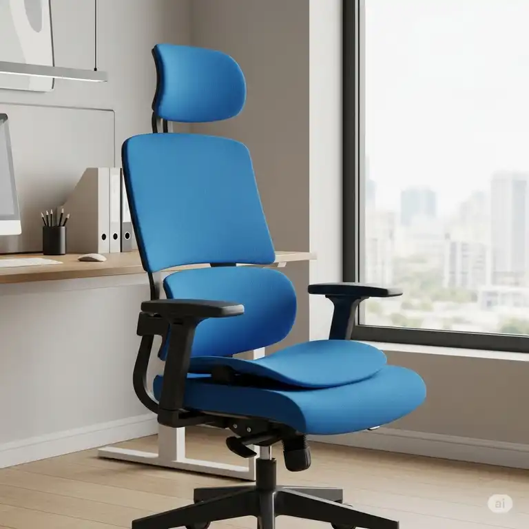 Ergonomic blue office desk chair with lumbar support and adjustable armrests in a modern workspace.