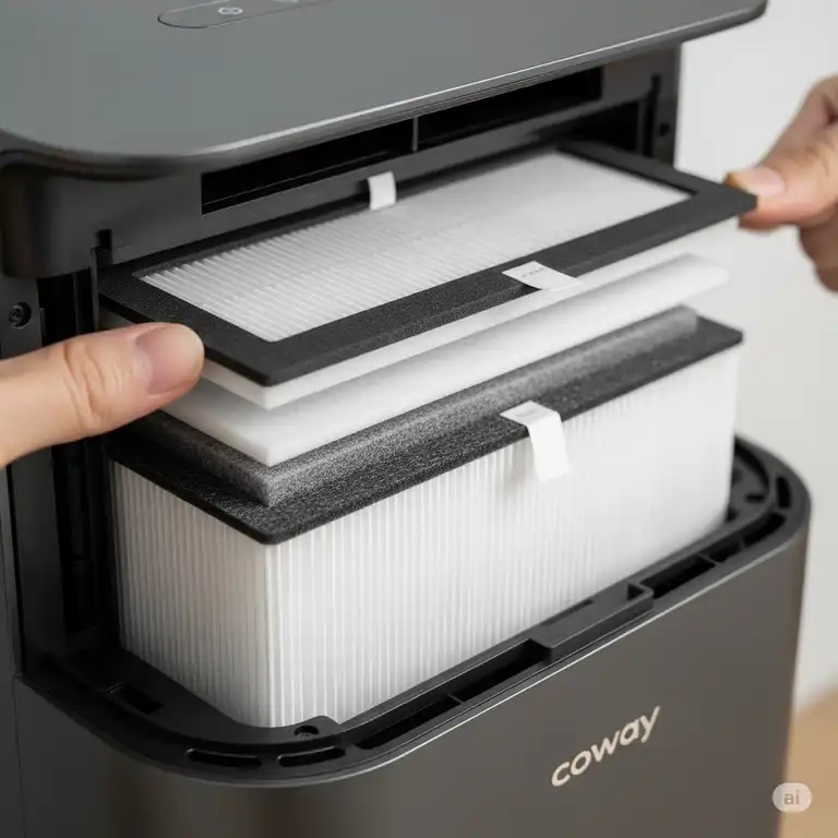 Close-up view of a new coway air purifier filter being installed, highlighting the filtration media for optimal air quality.