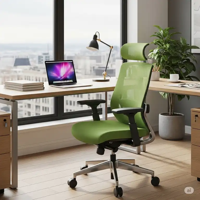 "Ergonomic green office desk chair in a modern workspace, promoting comfort and productivity."