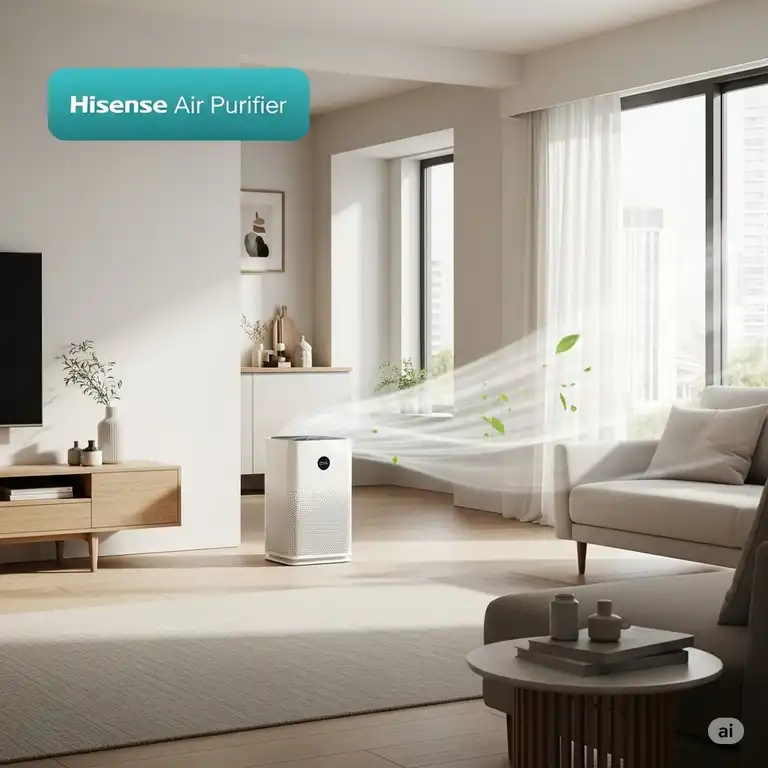 Hisense air purifier unit with a clean design, effectively filtering the air in a modern living room setting.