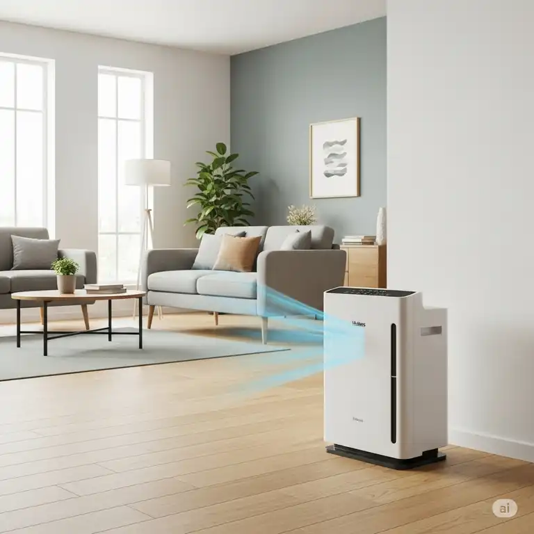 Holmes air purifier providing clean air in a modern living room setting.