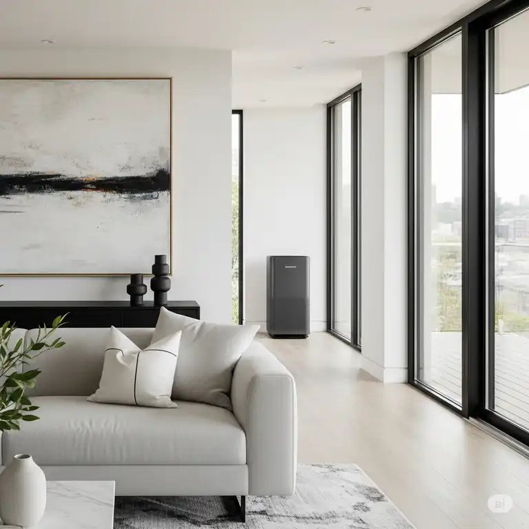 A sleek Membrane Solutions air purifier quietly operating in a modern living room, demonstrating effective air purification for a healthy home environment.