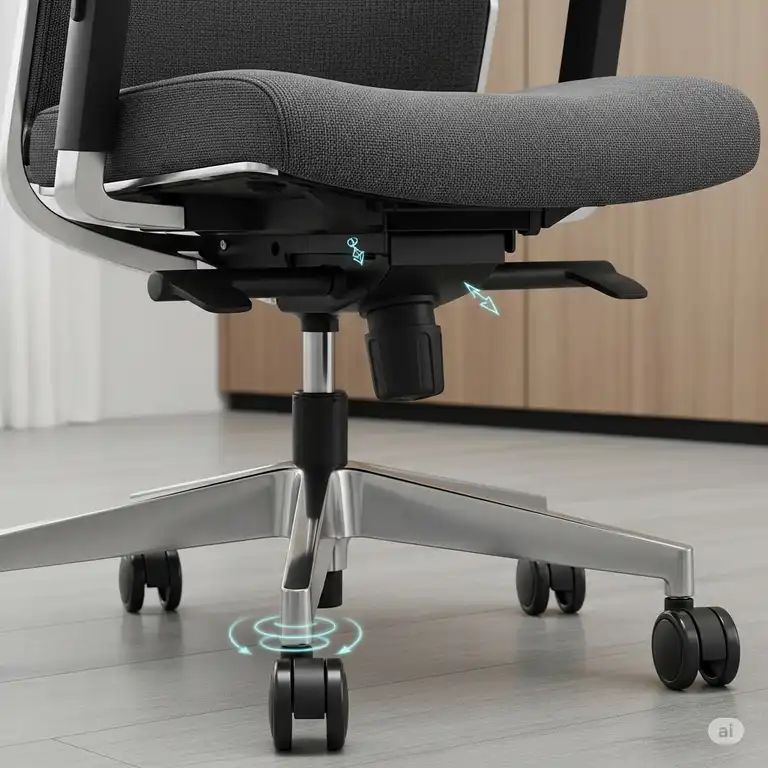 Close-up of a modern office chair with smooth-rolling, durable office chair casters designed for easy movement on various floor types.