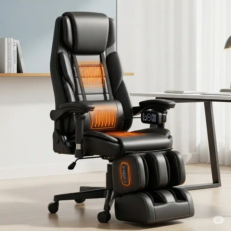 "Ergonomic black office chair with massage and heat, ideal for long workdays."