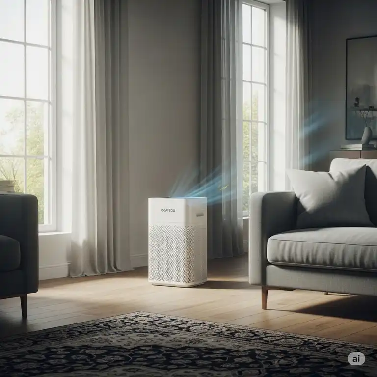 Okaysou air purifier operating quietly in a modern living room, enhancing home air quality.