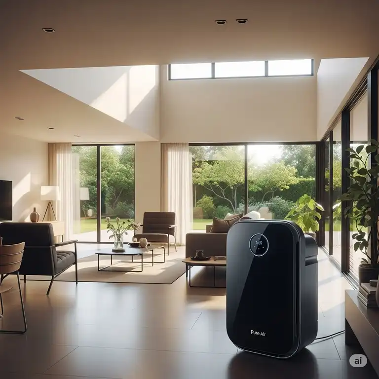 A sleek pure air air purifier operating quietly in a modern living room, enhancing indoor air quality for a healthy home environment.