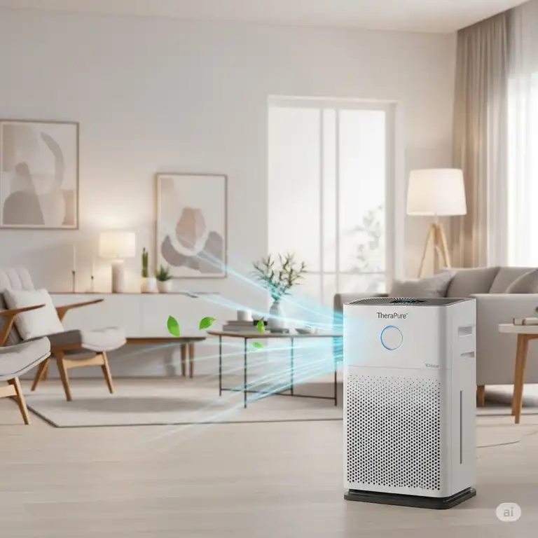 TheraPure air purifier prominently displayed in a modern living room, effectively cleaning the air for a healthier home environment.