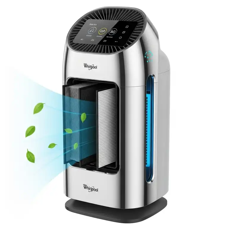 Modern Whirlpool air purifier with a sleek design, ideal for a clean and healthy home environment.
