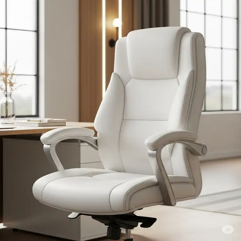Elegant white leather office desk chair with ergonomic design, perfect for a modern workspace.